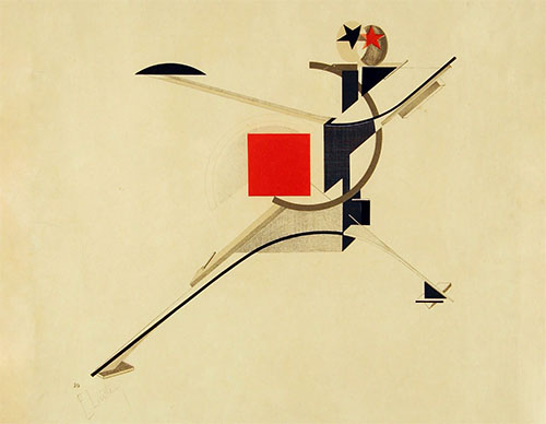 Constructivist painting of El Lissitzky titled New Man dated - 1923. Painting consists of multiple geometric shapes in red, black and shades of gray depicting an abstract structure.