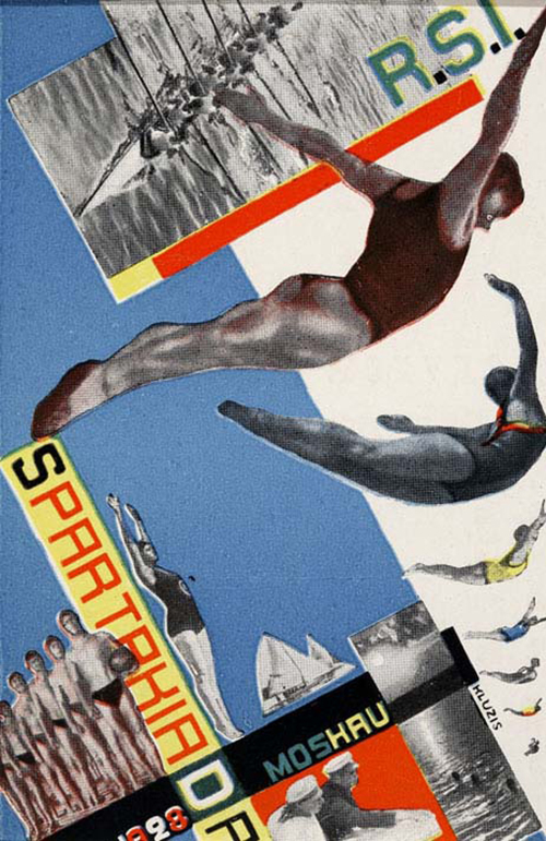 Litograph postcard created by Gustav Klutsis in 1928 titled: 'Postcard for the All Union Spartakiada Sporting Event' depicting multiple swimmers jumping down, rowing teams as well as multiple rectangles in colors of blue, yellow, black and red.